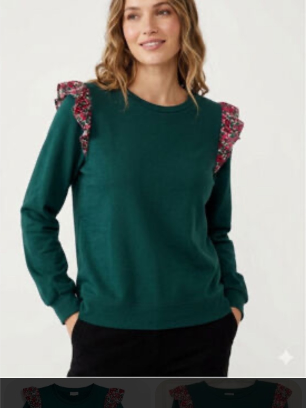 J. Crew Emerald Green Crewneck Sweater with Floral Ruffle Shoulders